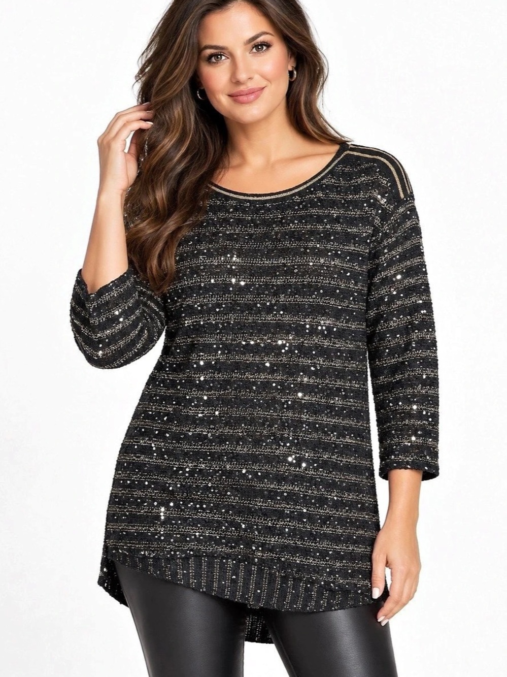 Chicos Size 0 Black Gold Metallic Sequin Knit Tunic Sweater Holiday Party Top
